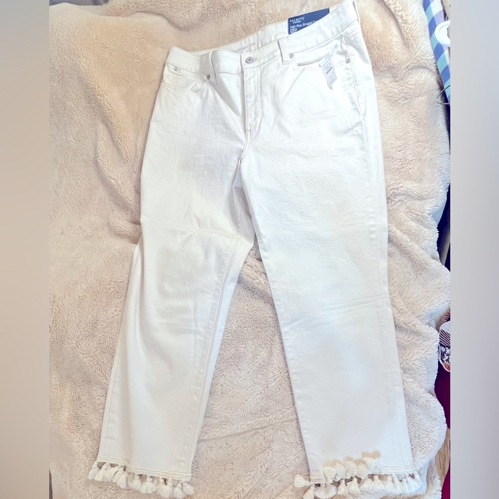NWT Talbots “Flawless” High Rise Straight Crop Summer Denim w/ Tasseled Trim